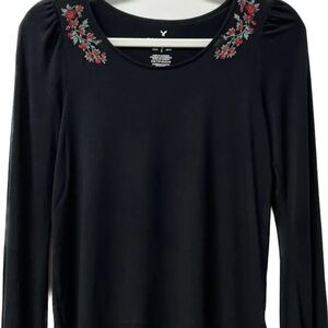 American Eagle Outfitters Black Top with Red Embroidery -XS